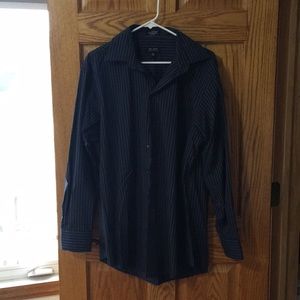 Long sleeve button down navy blue striped shirt